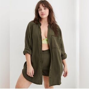 NWOT Aerie Pool to Party Gauzy Swim Coverup Cotton Olive Green Size S